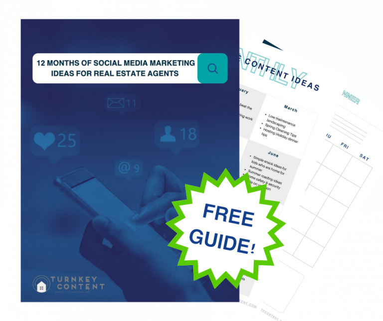 Image of the pages included in the download. The cover is a photo of hands holding a cell phone and images of social media icons floating above. The cover image has a dark blue tone to it and a search bar on top with the title "12 months of social media marketing ideas for real estate agents" typed out. Underneath the cover photo, fanned out, are two examples of pages inside the guide. One page infers all 12 months are on the page, full of ideas, though you can only see the upper right corner. Same with the bottom page but this is a calendar to use to plan your content. A starburst outlined in lime green covers the bottom right corner and says "free guide" inside.